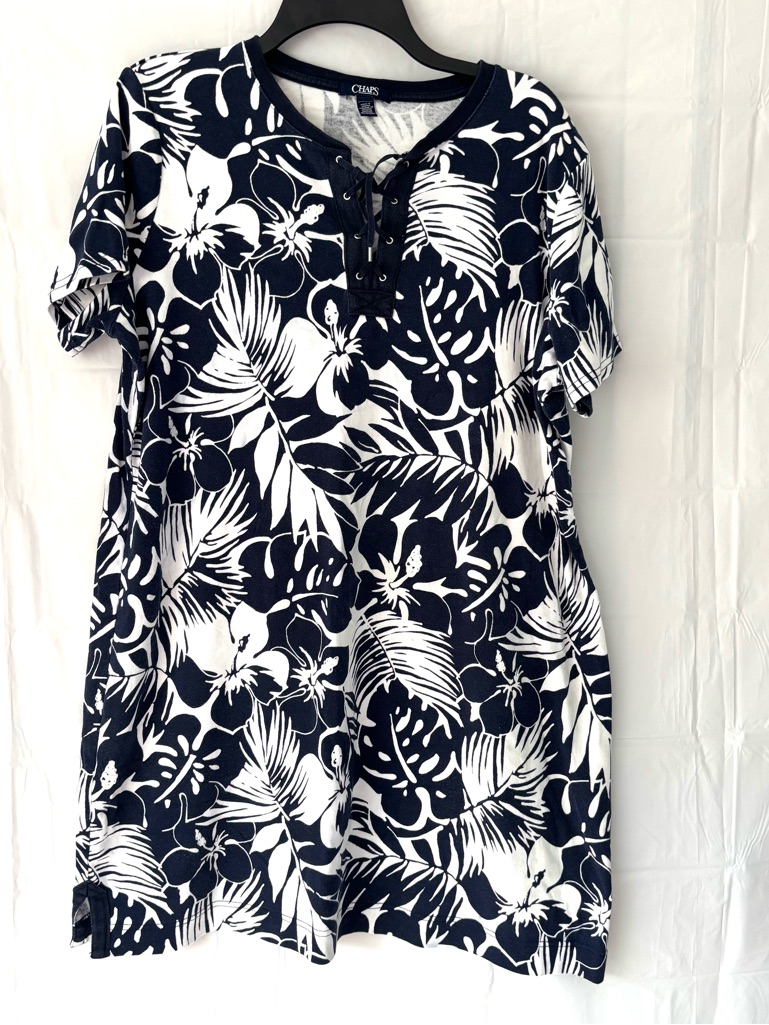 Nwot Chaps Navy White Tropical Palm Print Short Sleeve Dress Sz 2x